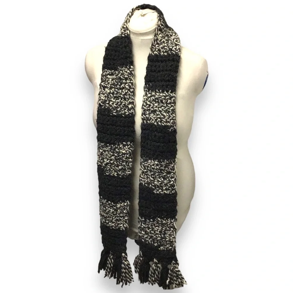 Handmade Unisex Crochet Long Scarf with Tassel Fringe, Charcoal & Ivory, OSFA